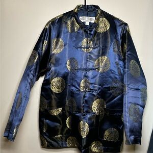100% Silk M Chinese Print Pankou Knot Button Removable Puffer Liner Jacket Coat